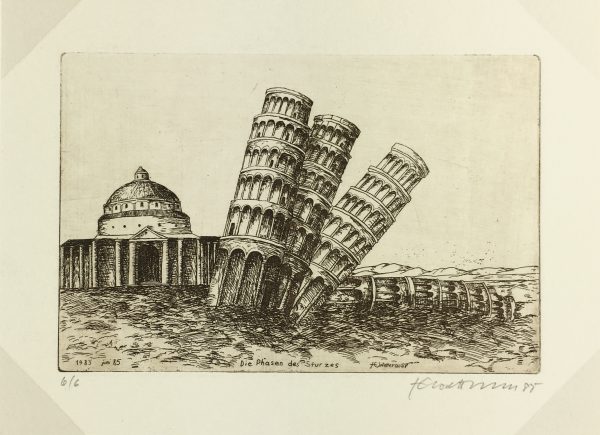 Engravings & Etchings Original Art - Tower of Pisa, Signed LR, 1985