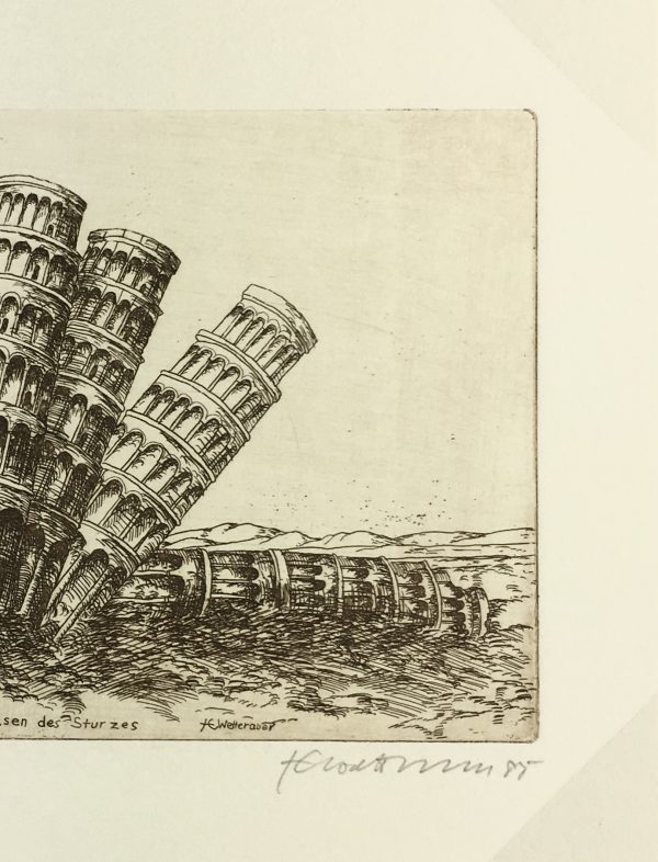 Engravings & Etchings Original Art - Tower of Pisa, Signed LR, 1985