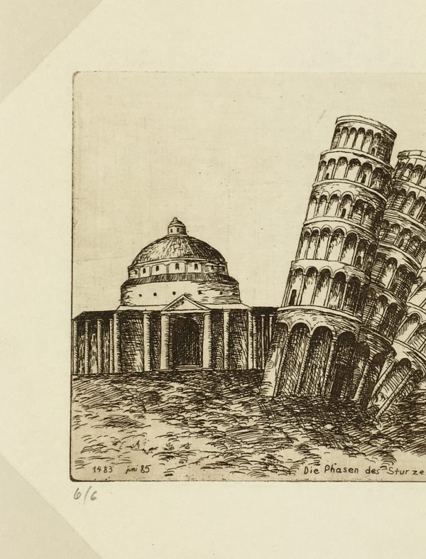 Engravings & Etchings Original Art - Tower of Pisa, Signed LR, 1985