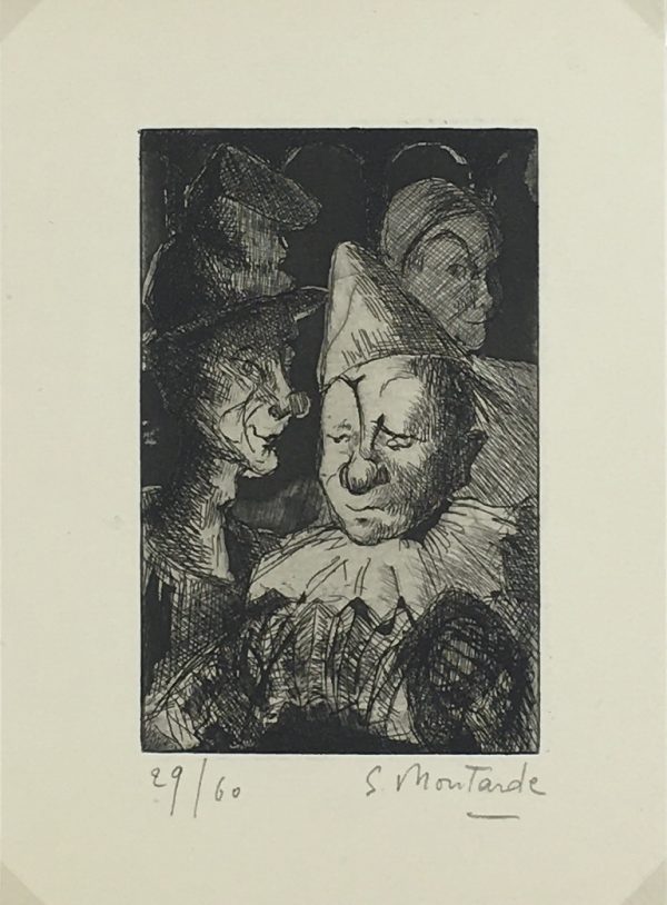 Engravings & Etchings Original Art - Clowns, S. Montarde, 1956