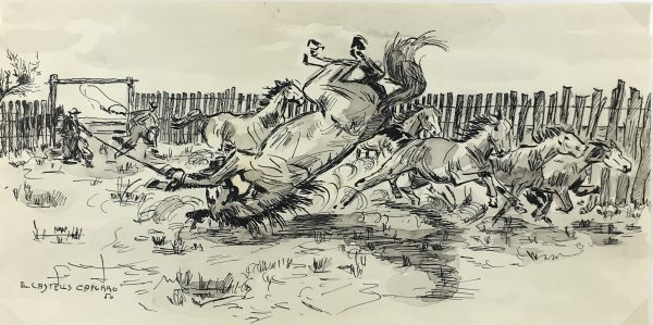 Animals Horses Original Art - Wrangling, Capurro (1913-87), 1950