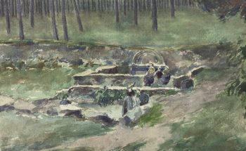 Landscapes Original Art - Watercolor - The Washerwoman, French, c.1950