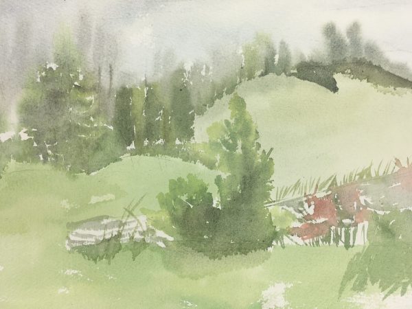 Landscapes Original Art - Watercolor - Cloudy Countryside, c.1990