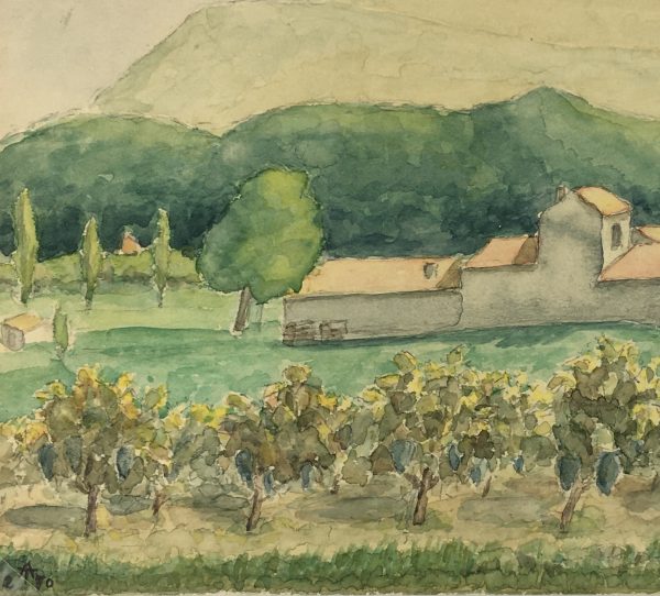 Farm Landscapes Original Art - Olives and Farm, Signed, 1970