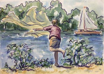 Animals Fish & Fishing Original Art - Fishing Net, Jean Chapront, 2003