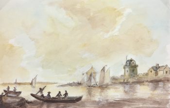 Maritime Original Art - Harbor Watercolor, Andre Bleuze, c.1950