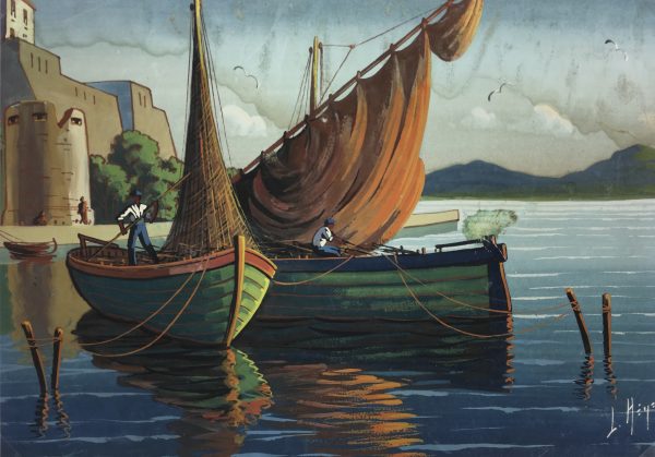 Maritime Original Art - Fishermen, L. Heron, C.1950