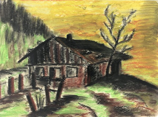 Mountains Original Art - Mountain Lodge, Signed, 1966