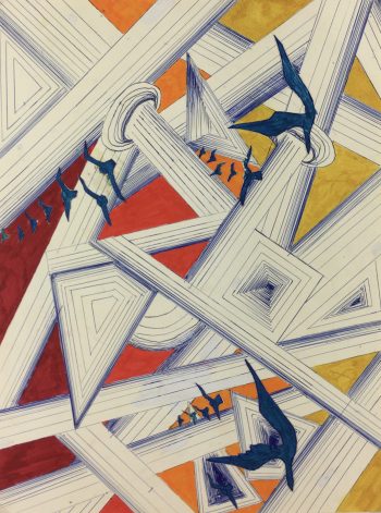 Surreal Modern Original Art - Birds & Lines, C.1970