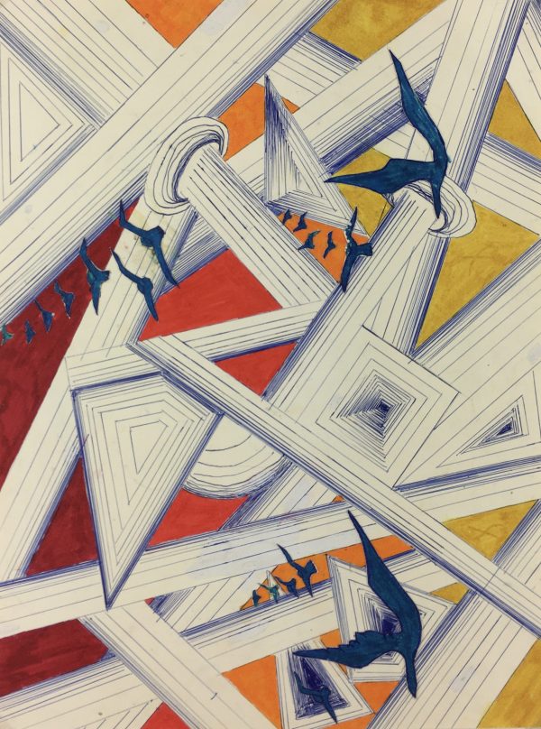 Surreal Modern Original Art - Birds & Lines, C.1970