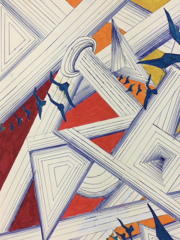 Surreal Modern Original Art - Birds & Lines, C.1970