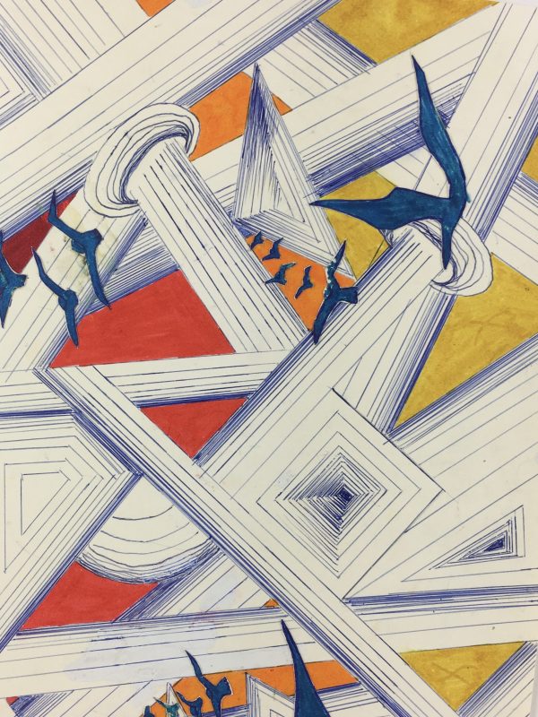 Surreal Modern Original Art - Birds & Lines, C.1970