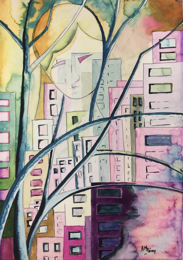 Surreal Modern Original Art - Urban Dreamscape, A.M Remy, 1990