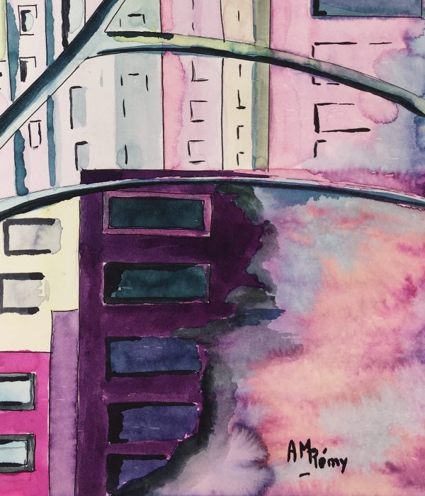 Surreal Modern Original Art - Urban Dreamscape, A.M Remy, 1990
