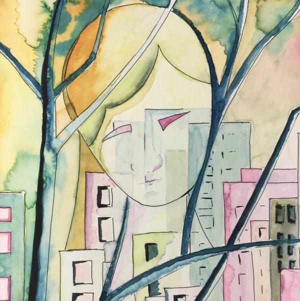 Surreal Modern Original Art - Urban Dreamscape, A.M Remy, 1990