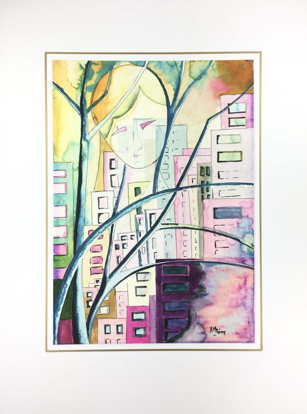 Surreal Modern Original Art - Urban Dreamscape, A.M Remy, 1990