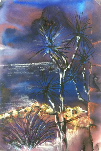 Trees Original Art - Oil Pastel - Blue Landscape, C.1960