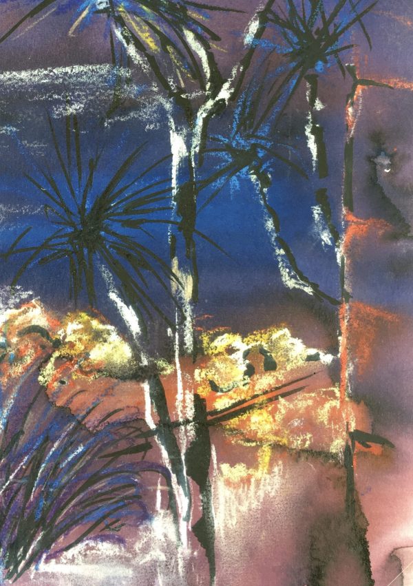 Trees Original Art - Oil Pastel - Blue Landscape, C.1960