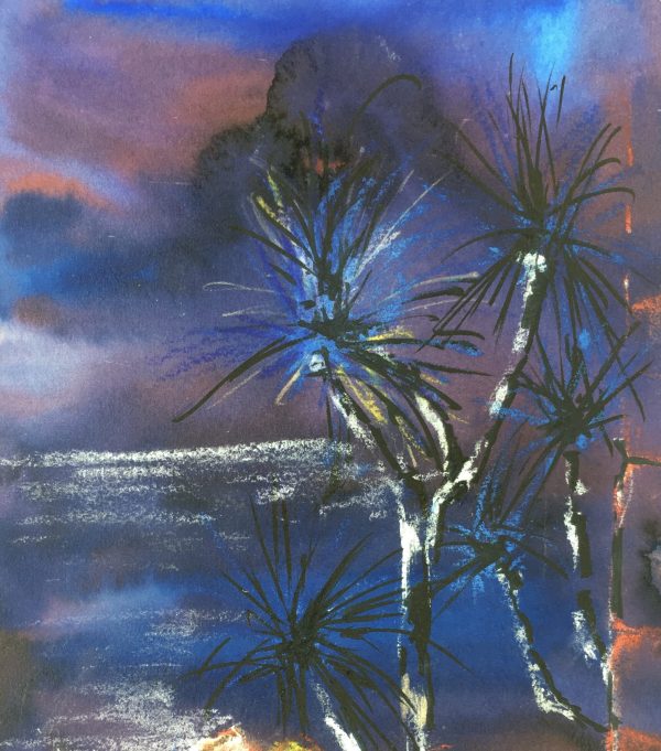 Trees Original Art - Oil Pastel - Blue Landscape, C.1960