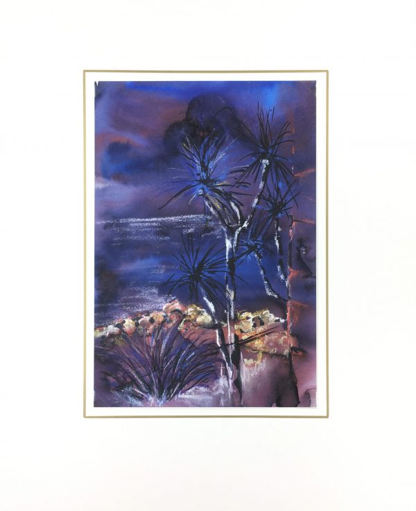 Trees Original Art - Oil Pastel - Blue Landscape, C.1960