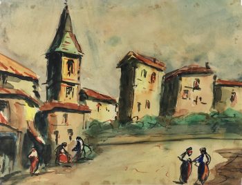 Towns Original Art - Watercolor and Ink - Village Life, C.1950