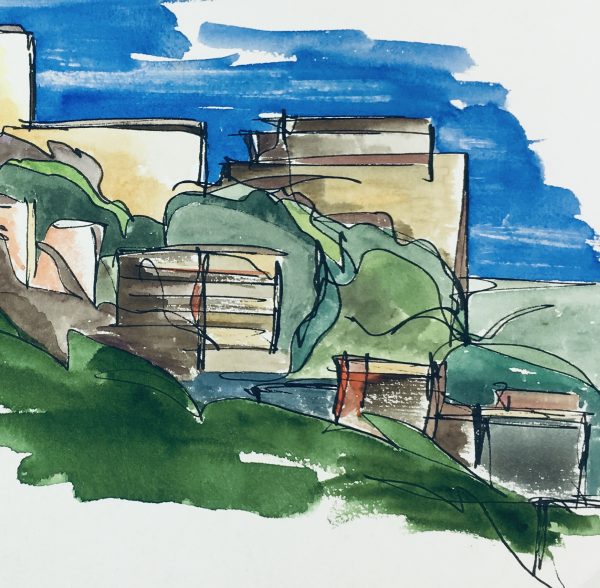 Towns Original Art - Gouche - Hilltop Town, C.2000