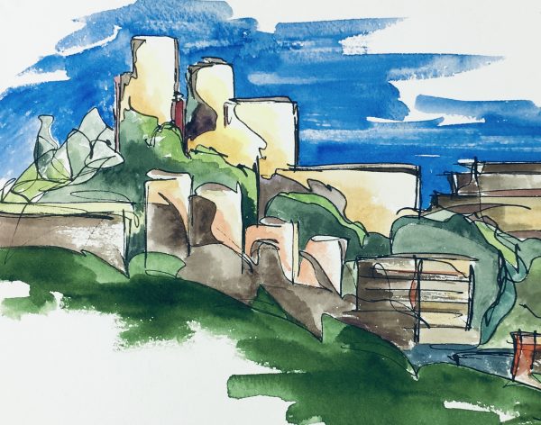 Towns Original Art - Gouche - Hilltop Town, C.2000