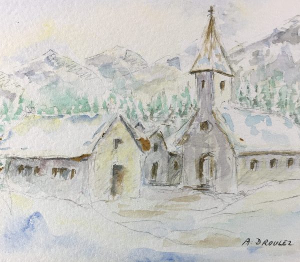 Winter Original Art - Winter Church, A. Droulez, C.1960