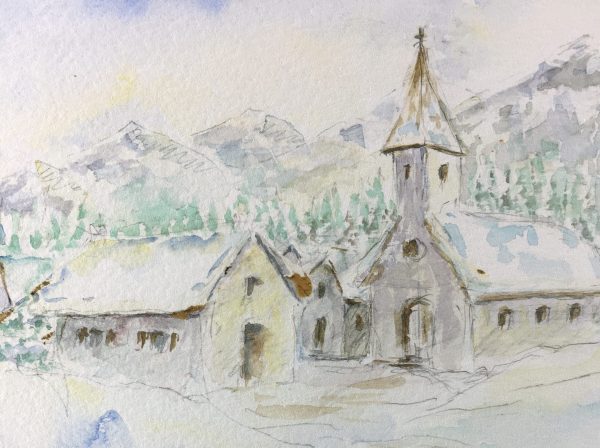 Winter Original Art - Winter Church, A. Droulez, C.1960