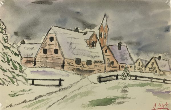 Winter Original Art - French Town, J. Oget, C.1960