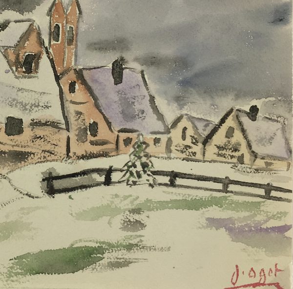 Winter Original Art - French Town, J. Oget, C.1960