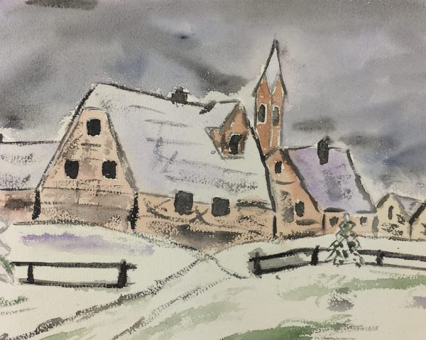 Winter Original Art - French Town, J. Oget, C.1960