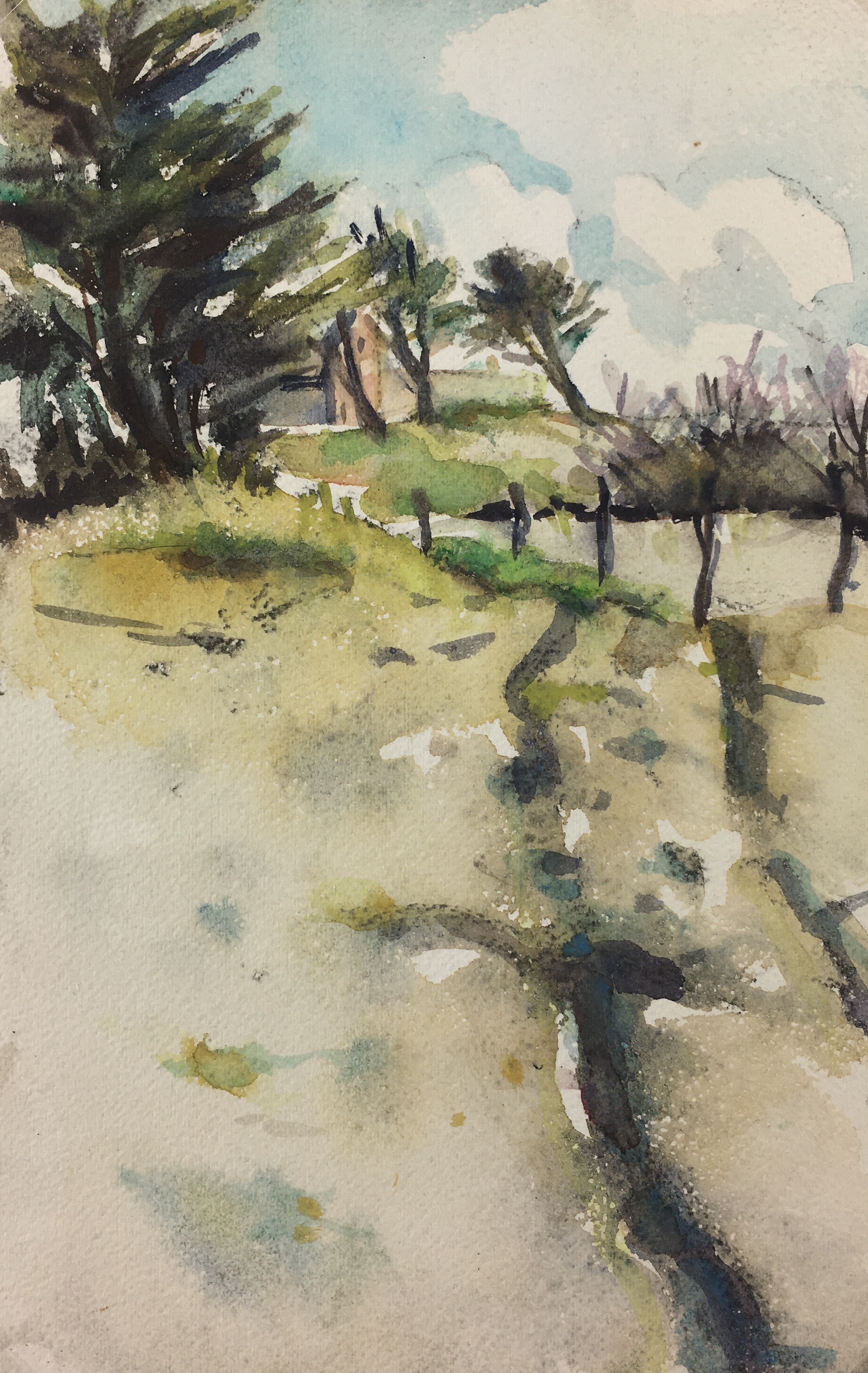 Country Landscapes Original Art - Hidden Cottage, Watercolor, c. 1950