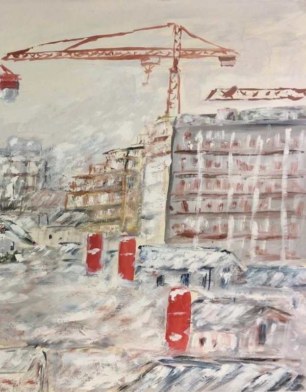 City Life Original Art - Cranes in Winter, French, 1976