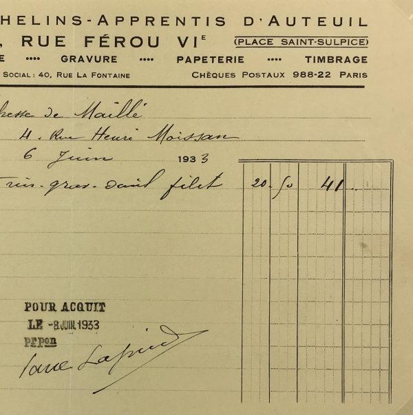 Duchess Manuscripts Original Art - Duchess Receipt, Orphan apperenticeshp, c.1930