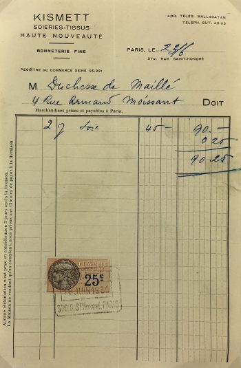 Duchess Manuscripts Original Art - Duchess Receipt, Silk, 1920