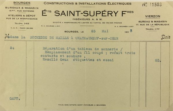 Duchess Manuscripts Original Art - Duchess Receipt, Electrical Repair, 1933