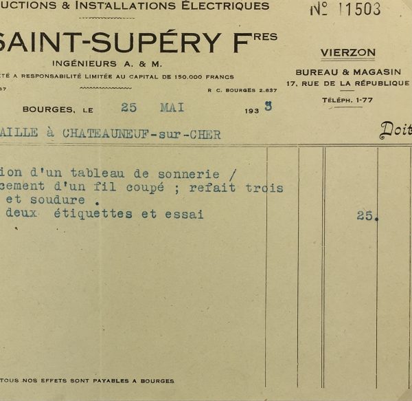 Duchess Manuscripts Original Art - Duchess Receipt, Electrical Repair, 1933