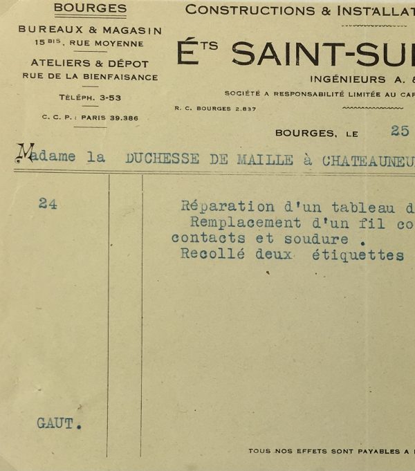 Duchess Manuscripts Original Art - Duchess Receipt, Electrical Repair, 1933