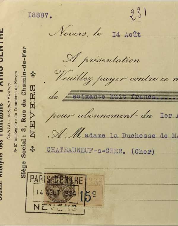 Duchess Manuscripts Original Art - Duchess Receipt, Subscription , 1929
