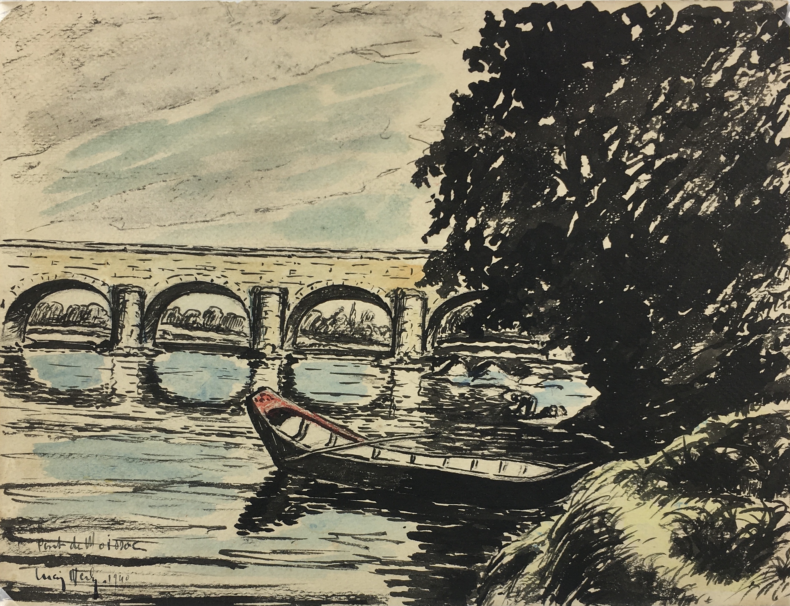 France Original Art - Pont de Moisson, L. Merly, 1940