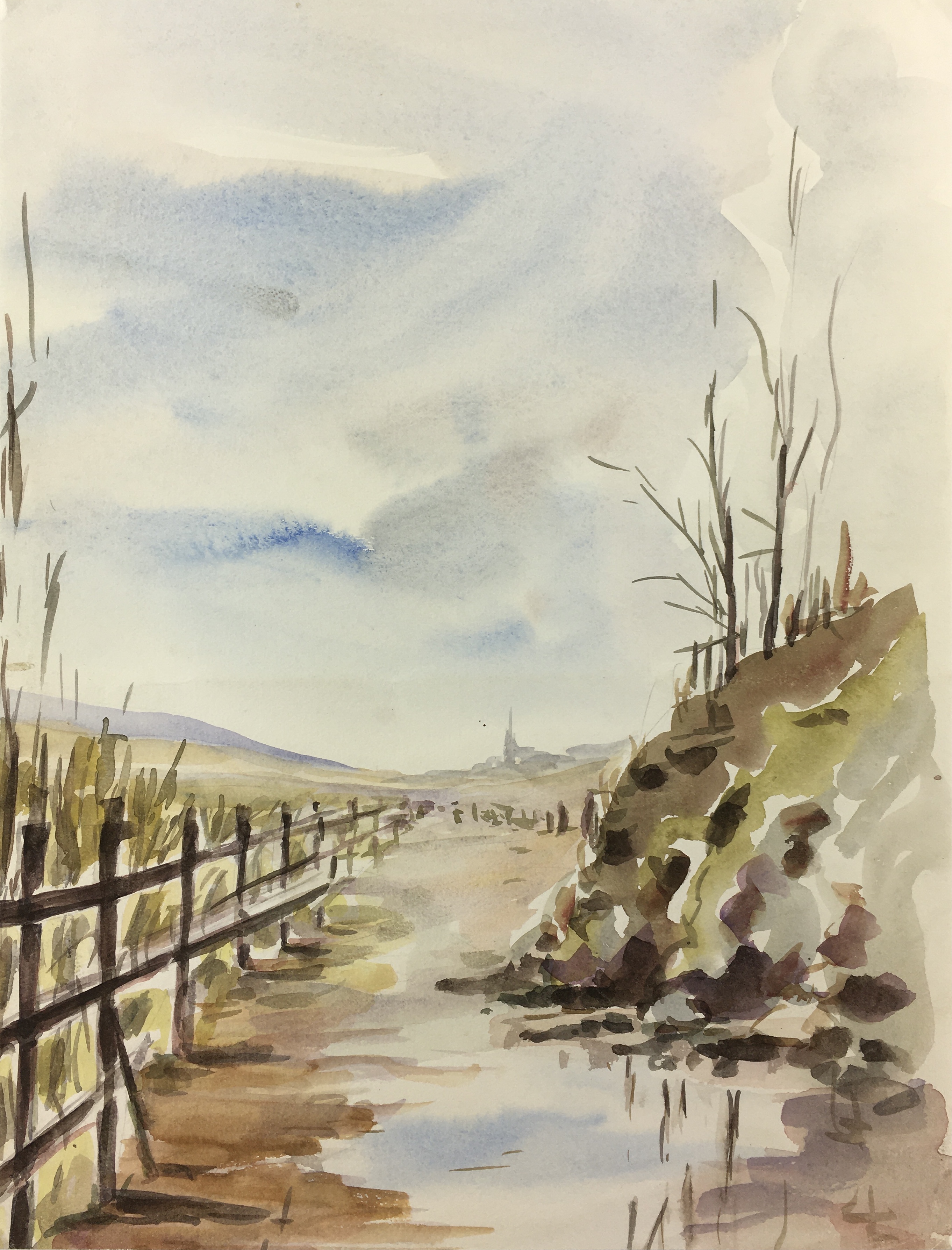 France Original Art - Autumn Road, Watercolor, 1990s