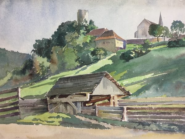 Landscapes Original Art - Country Town, French, c.1950