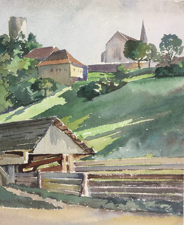 Landscapes Original Art - Country Town, French, c.1950