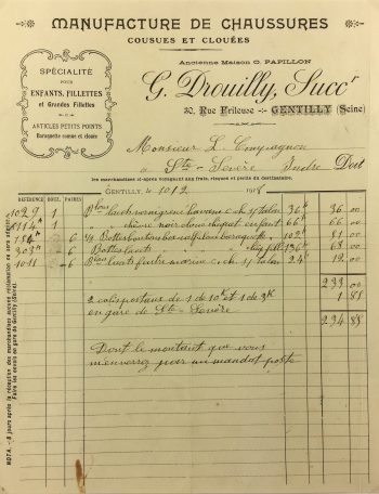 Manuscripts Original Art - Shoe Buying Receipt, M.F. Compagnon, 1918
