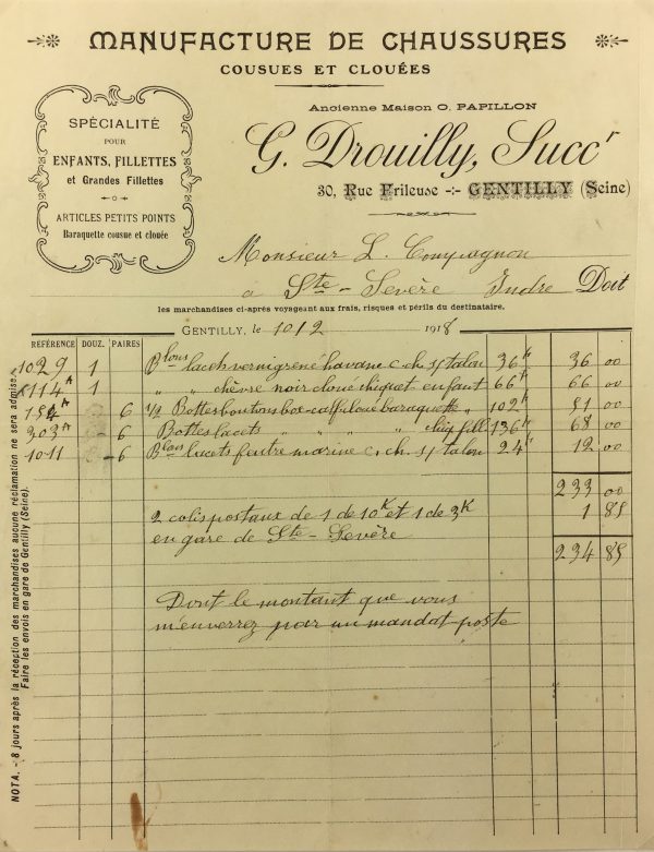 Manuscripts Original Art - Shoe Buying Receipt, M.F. Compagnon, 1918