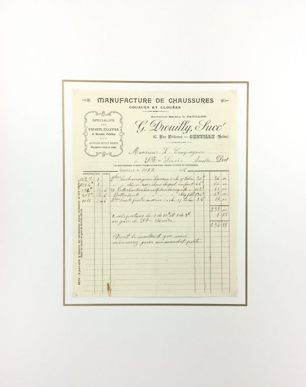 Manuscripts Original Art - Shoe Buying Receipt, M.F. Compagnon, 1918