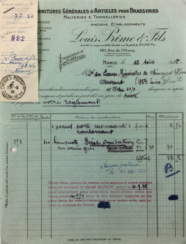Manuscripts Original Art - Purchase Receipt, Brasserie Supplies, 1938