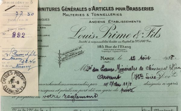 Manuscripts Original Art - Purchase Receipt, Brasserie Supplies, 1938