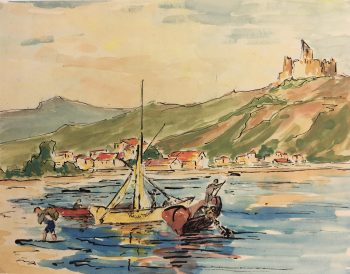 Maritime Original Art - Fishing Boats, Watercolor, c.1960